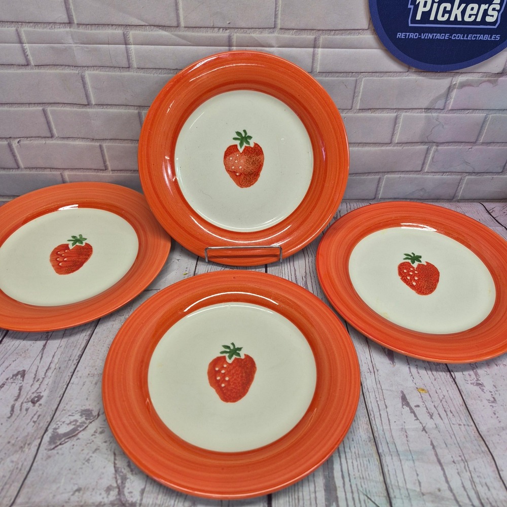 VTG Laura Ashley Summer Fruits Strawberry Dinner Plates Set 4 Orange Rim England